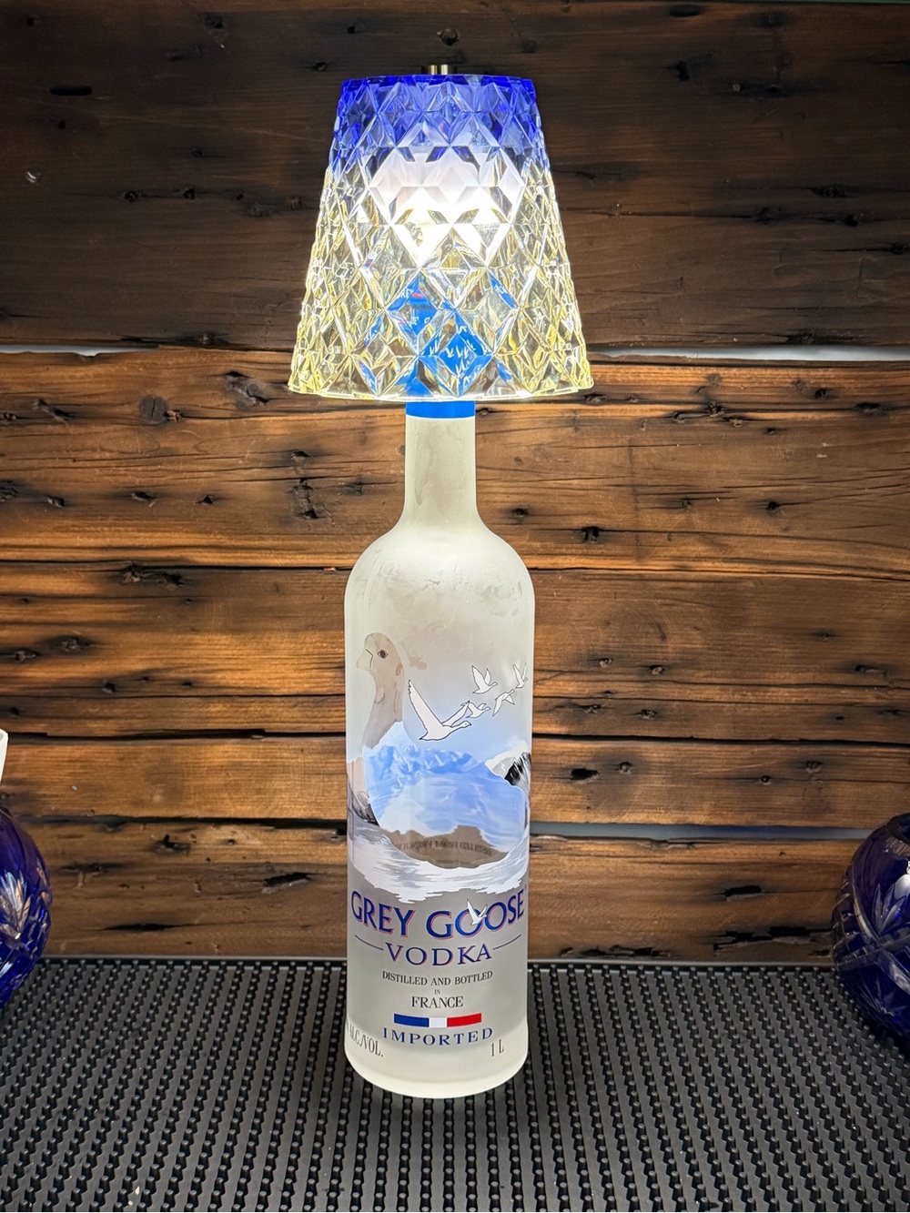Repurposed Grey Goose bottle with usb rechargeable lamp . Dimmable